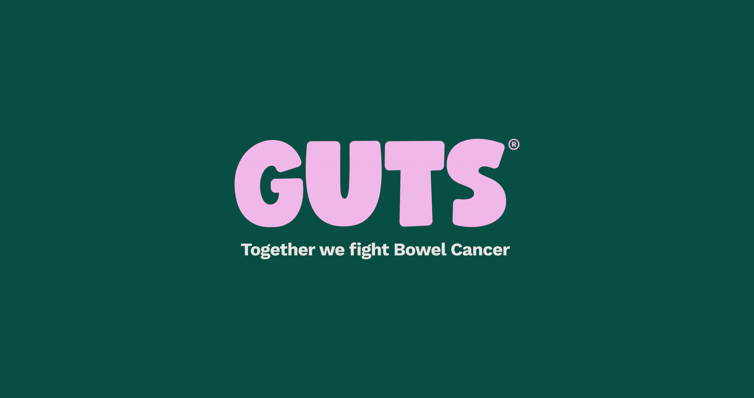 Pink logo design for GUTS Bowel Cancer Charity on dark green backgorund with tagline that says Together we fight bowel cancer.