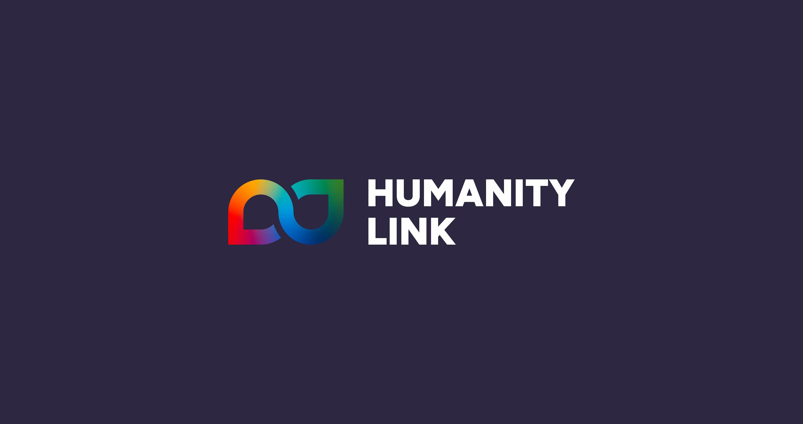 Logo design for a tech for good rebrand, showing a full colour gradient shape that illustrates communication next to white stacked text saying Humanity Link.