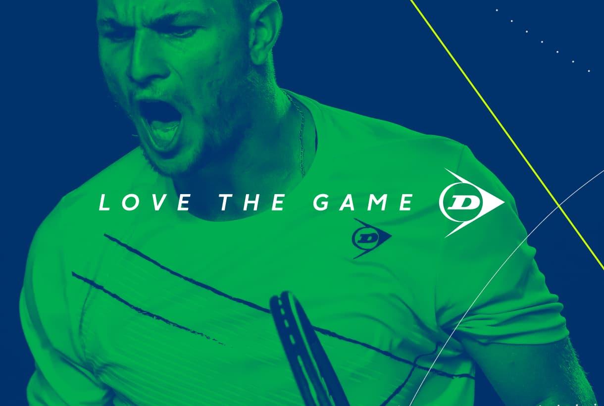 Dunlop Sports Branding. Image of tennis player with Love the game tagline and Dunlop logo.
